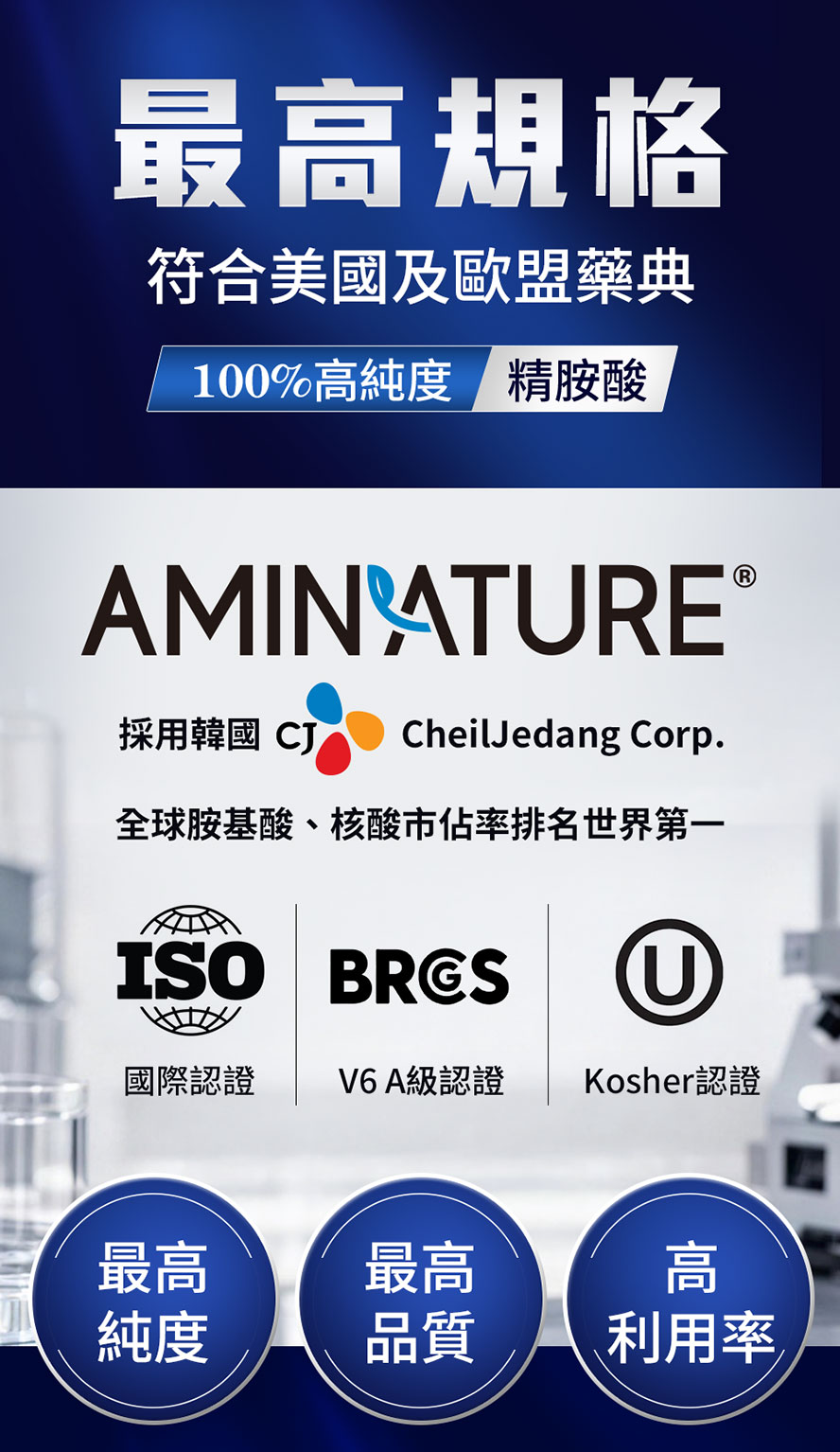 UNIQMAN 左旋精胺酸採用韓國 CJ AMINATURE 高純度原料，純度100%，符合美國與歐盟藥典規格及國際品質認證
