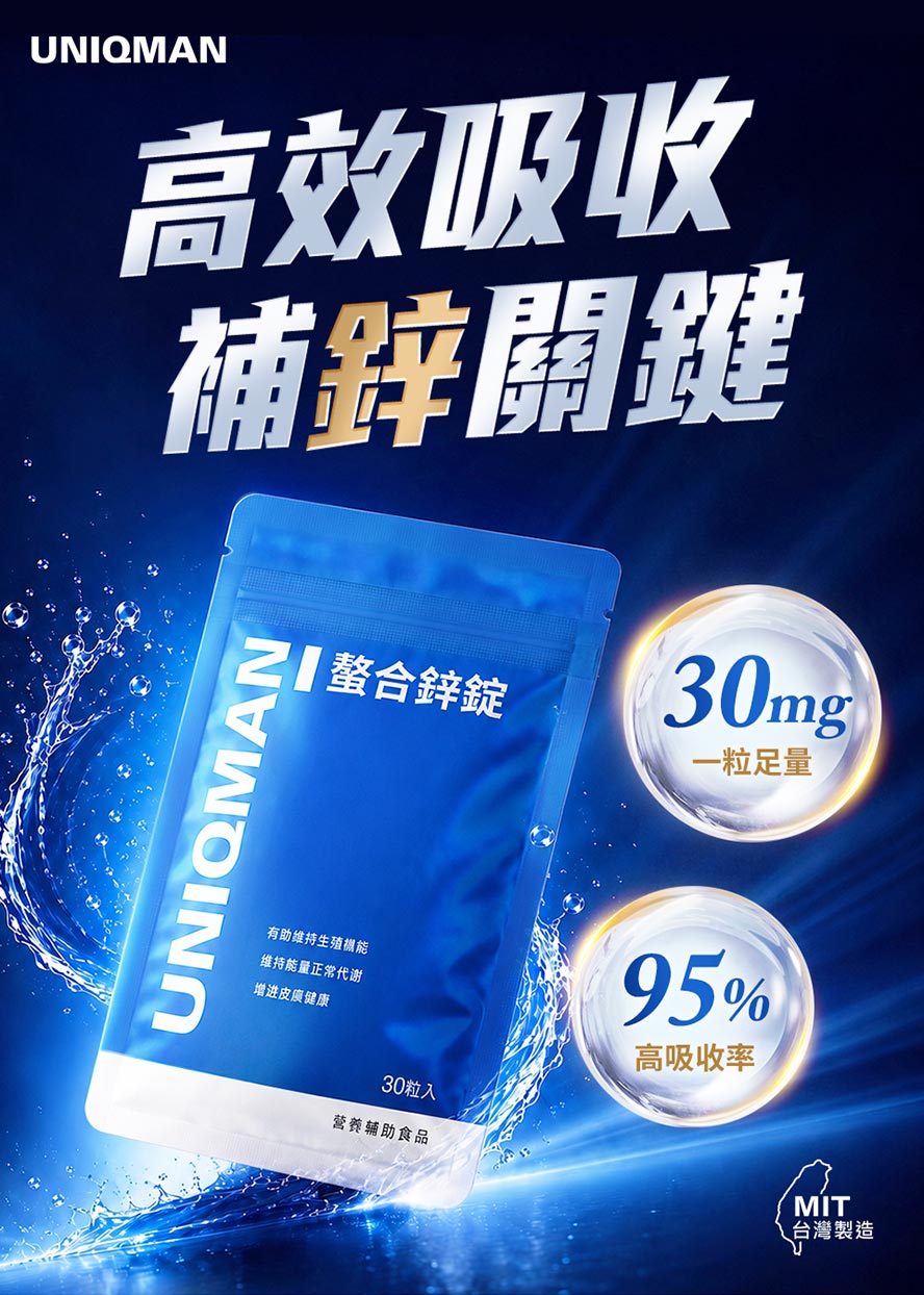 醫生推薦每日補充螯合鋅30mg,有助於提升精力、提升精子活力與品質。