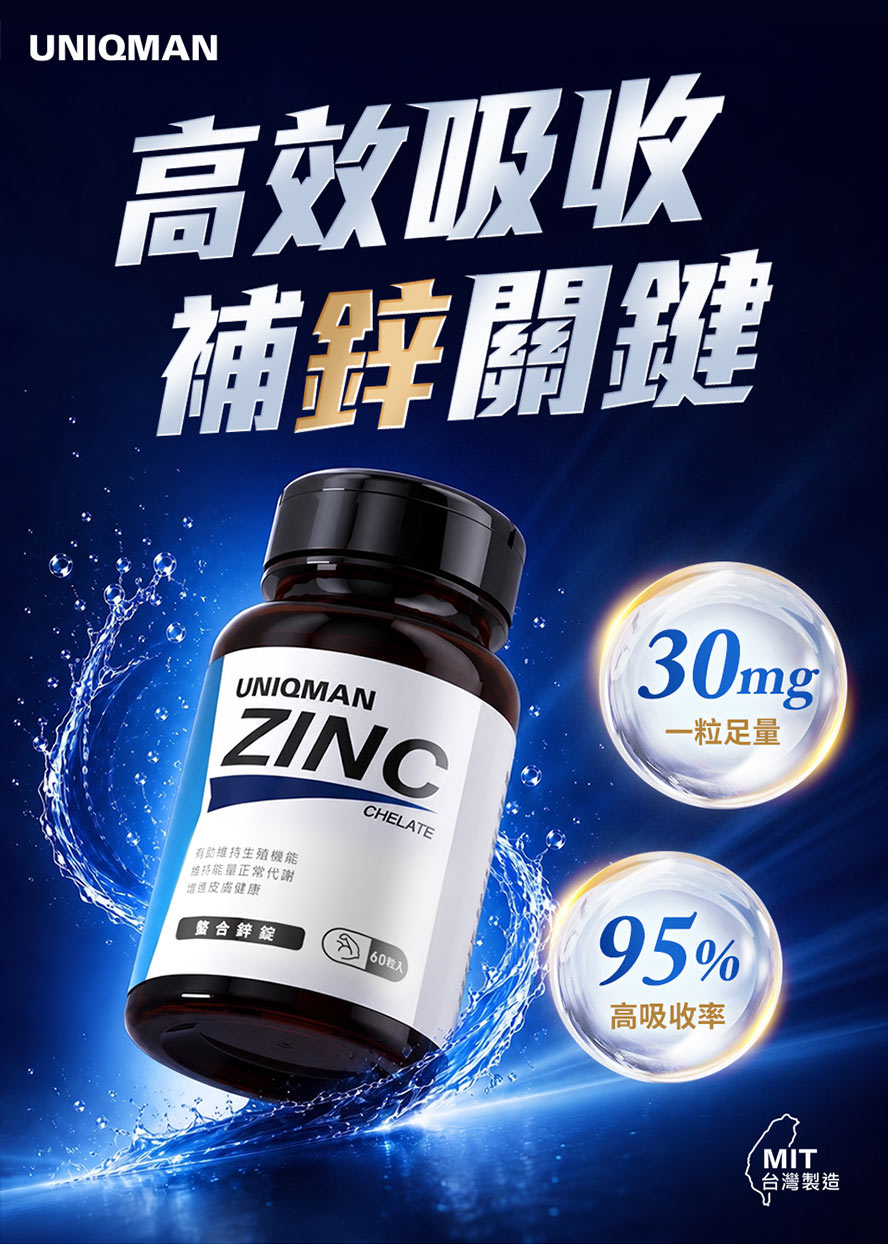 醫生推薦每日補充螯合鋅30mg,有助於提升精力、提升精子活力與品質。