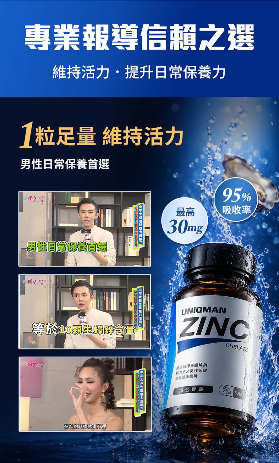 電視節目時尚女人窩推薦,台灣藝人推薦UNIQMAN螯合鋅。