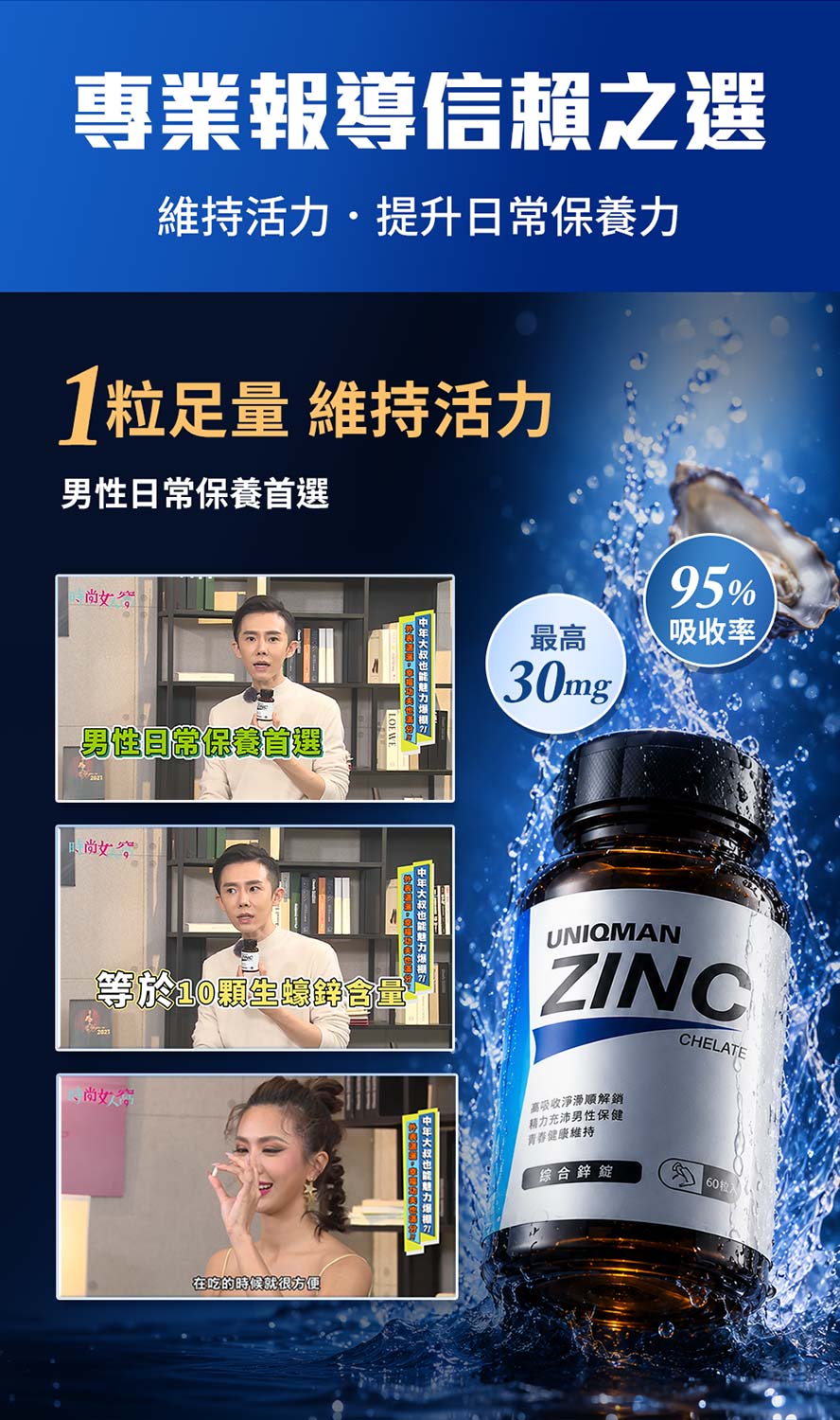 電視節目時尚女人窩推薦,台灣藝人推薦UNIQMAN螯合鋅。