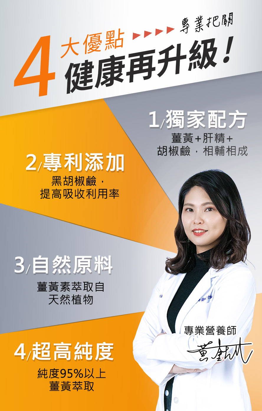 專業營養師把關，四大優點：獨家配方，專利添加，自然原料，超高濃度。