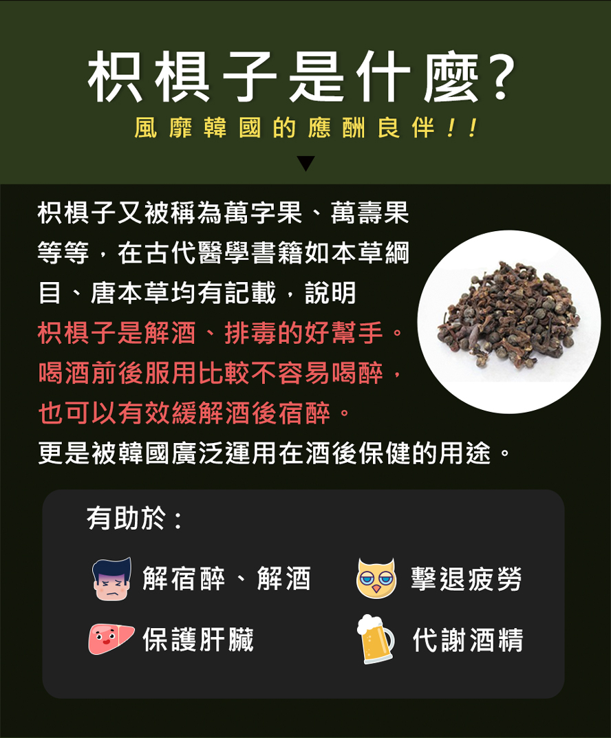 枳椇子具有代謝酒精的功效,能促進肝臟分解酒精毒素,有護肝之母的美稱