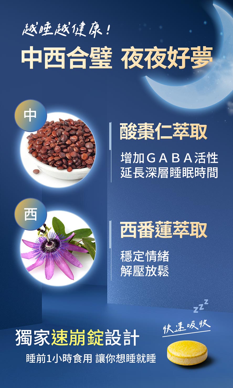 酸棗仁萃取和西番蓮萃取有助舒解壓力，延長深層睡眠時間。