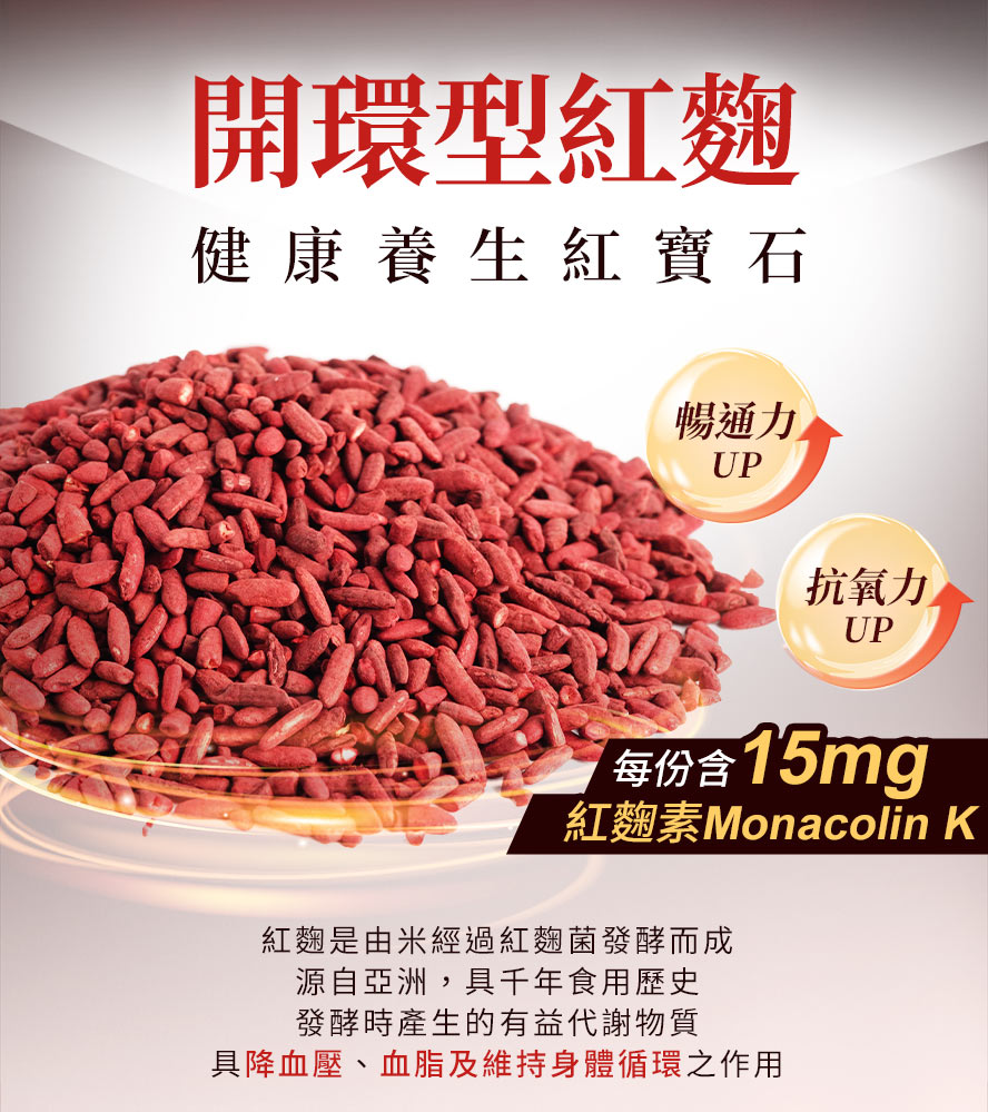 15mg Monacolin K的紅麴素，有效降血壓、血脂，維持新陳代謝。