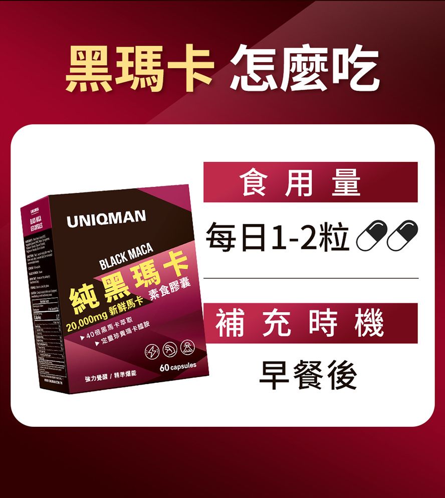 UNIQMAN黑瑪卡怎麼吃?每日早餐後1-2粒最有效,素食者可食,快速有感