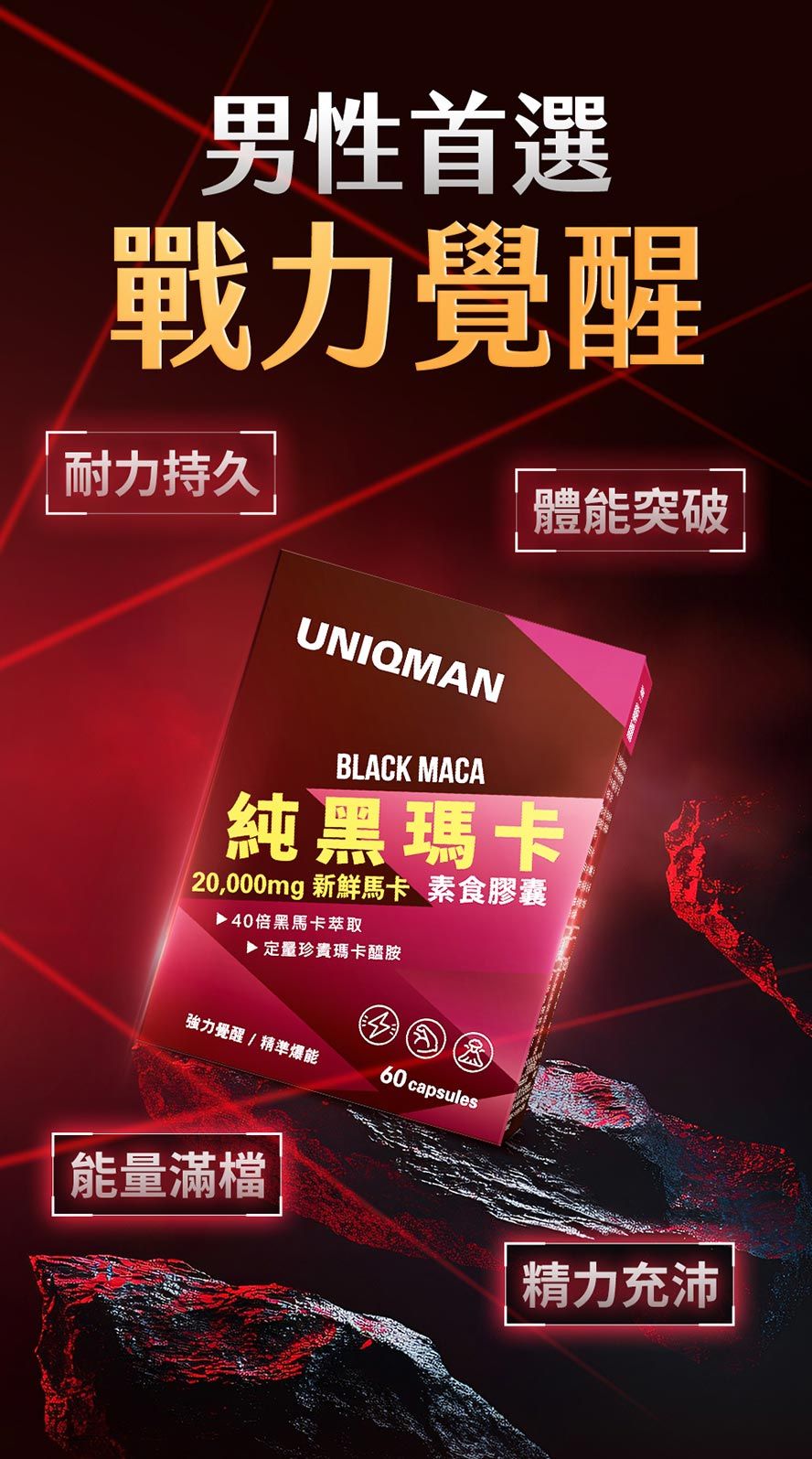 UNIQMAN黑瑪卡40倍濃縮,喚醒男人力量,精氣神全開,戰力滿檔,提神強身