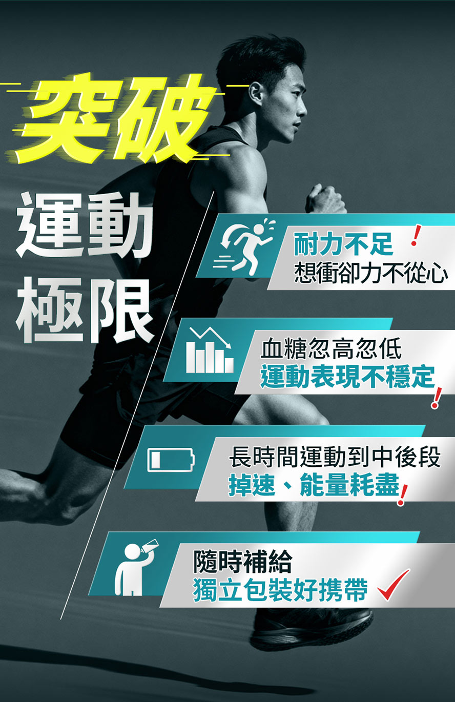 UNIQMAN運動果膠幫助你突破停滯期!長時間運動體能耗盡、體力不支時,30秒快速補充電解質,緩解無力感