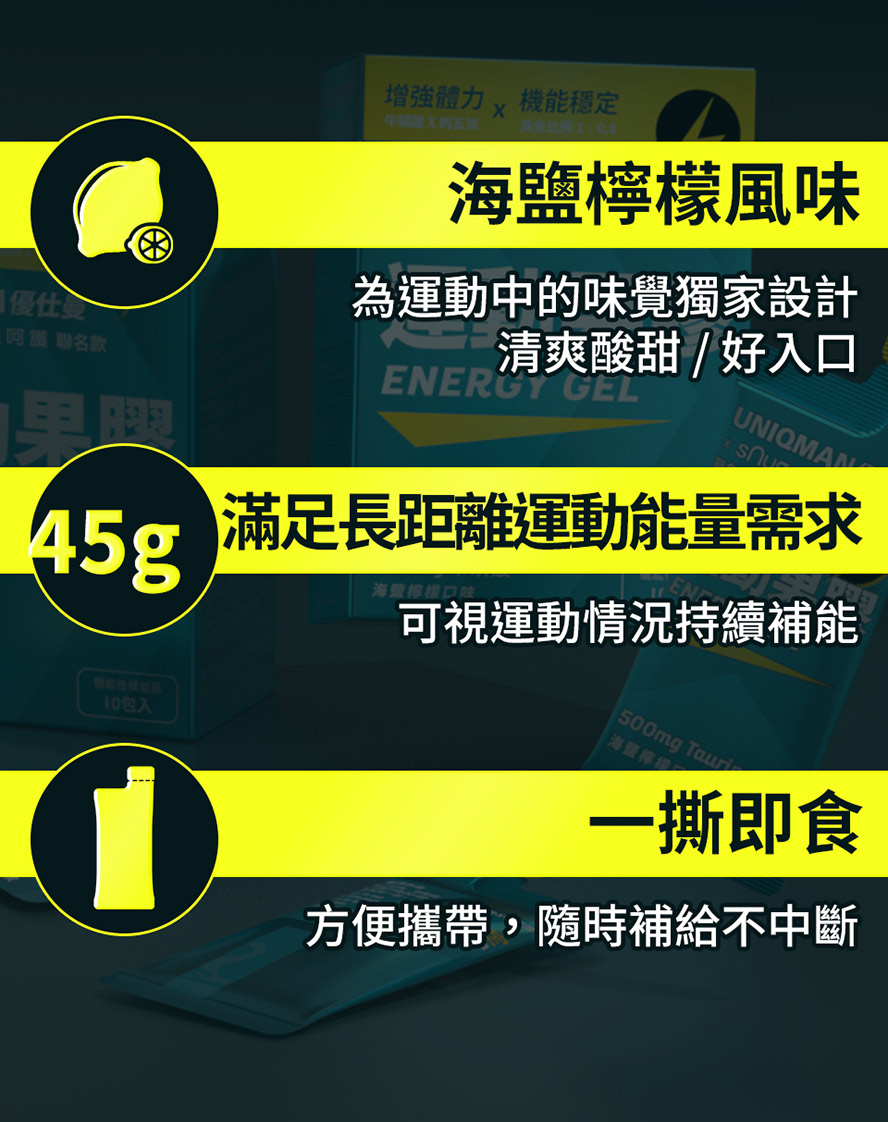 運動果膠海鹽檸檬口味,酸甜清爽風味,運動中撕開補充好入口、零負擔,馬拉松運動員、健人、鐵人最愛口味