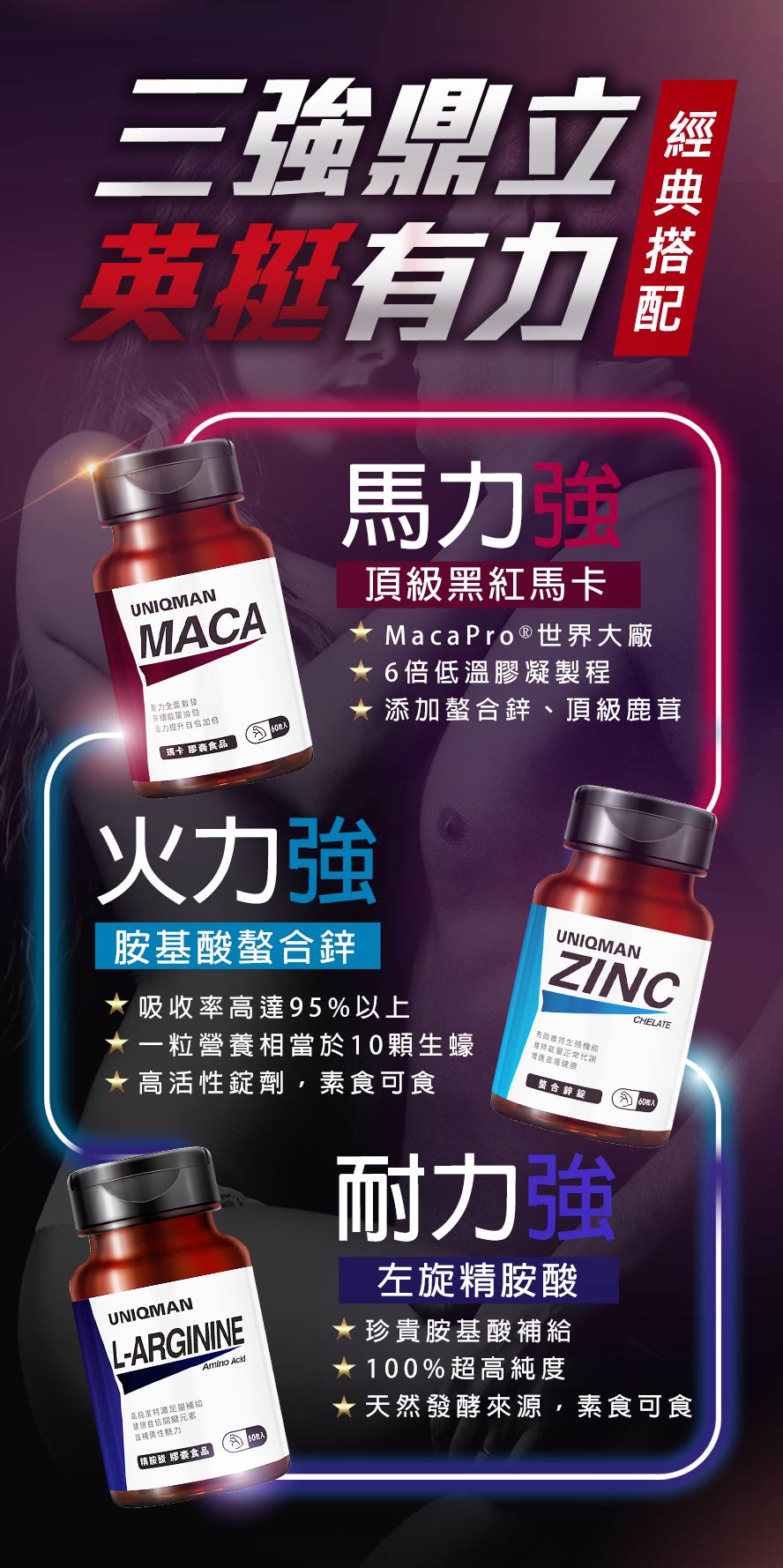 U瑪卡提升戰鬥力；螯合鋅提升精子質量；精胺酸提升持久力