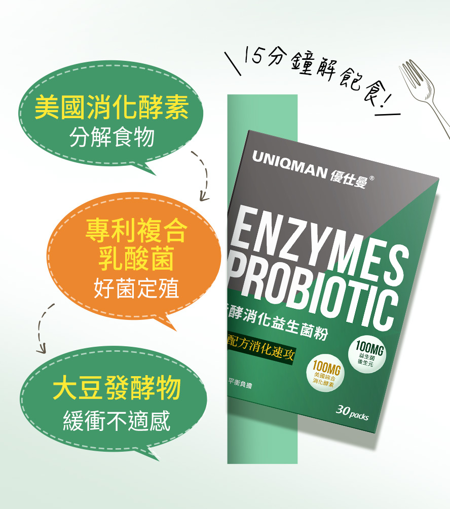 活酵消化益生菌粉讓好菌定殖、幫助食物分解，舒緩脹氣不適感。