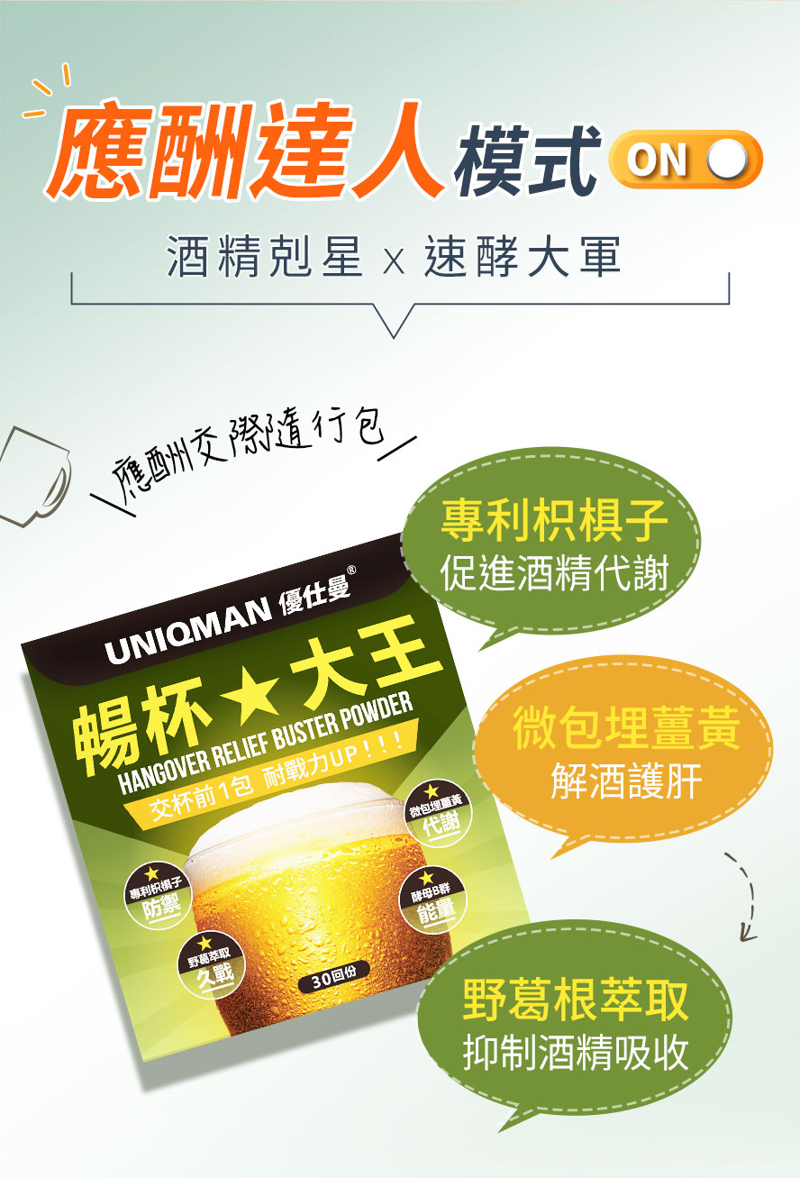 暢杯大王粉有助促進代謝酒精、減緩酒後不適感及宿醉。