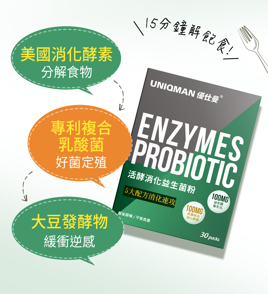 活酵消化益生菌粉讓好菌定殖、幫助食物分解，舒緩脹氣不適感。