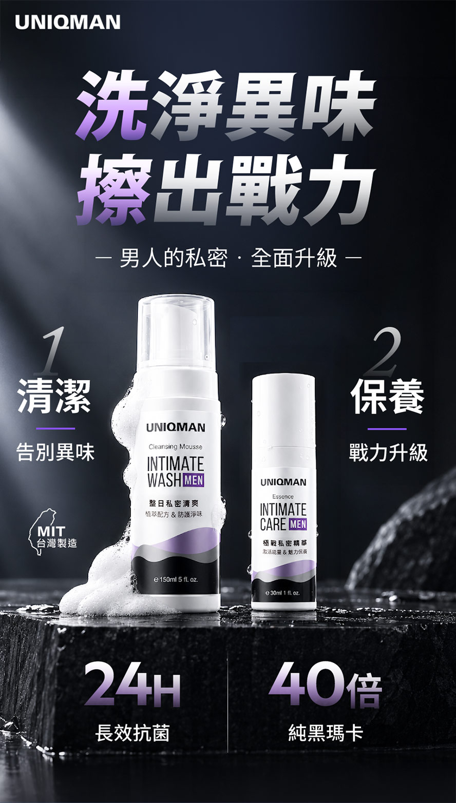 UNIQMAN制霸洗護組,私密慕斯洗淨異味、私密精華深層保濕,24小時長效抗菌,搭配40倍純黑瑪卡,男人私密保養全面升級