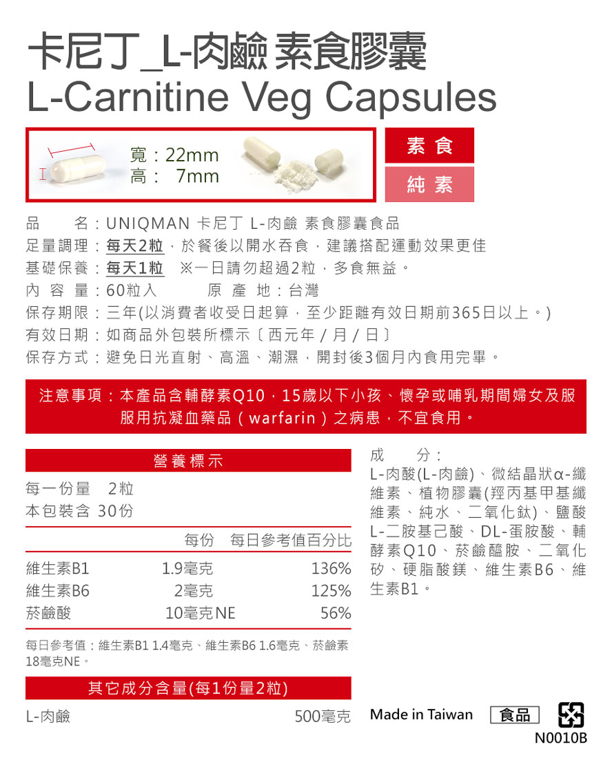 UNIQMAN卡尼丁含有足量250mg肉鹼,能有效燃燒脂肪,降低體脂
