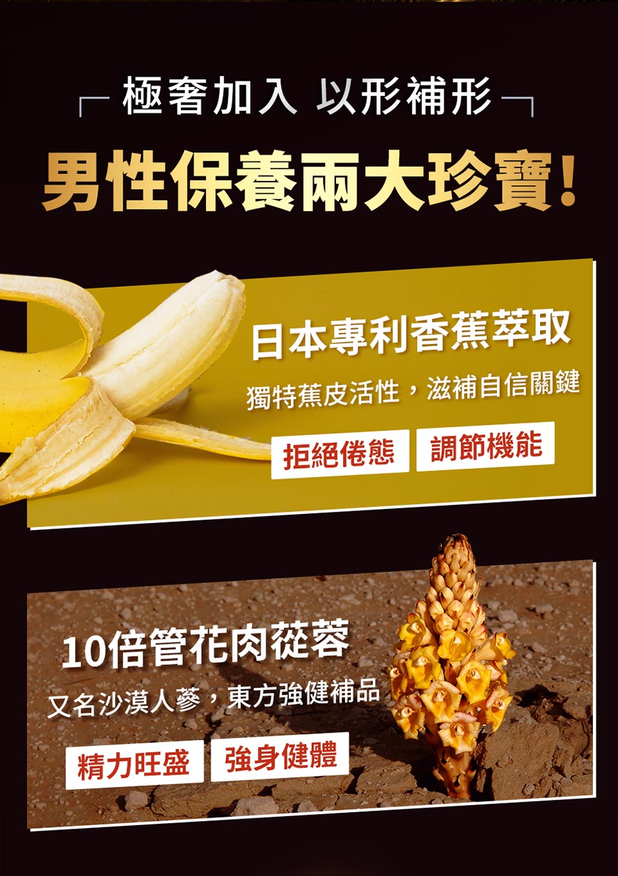 男性保健兩大珍寶!日本專利香蕉萃取調節機能,10倍管花肉蓯蓉讓精力旺盛
