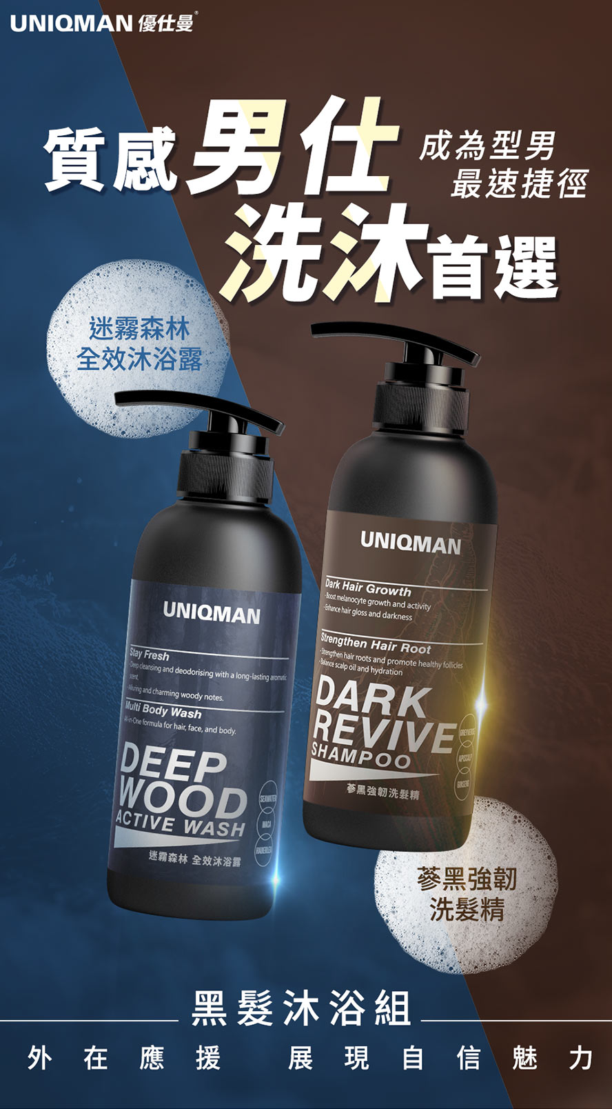男仕洗沐首選UNIQMAN黑髮沐浴組