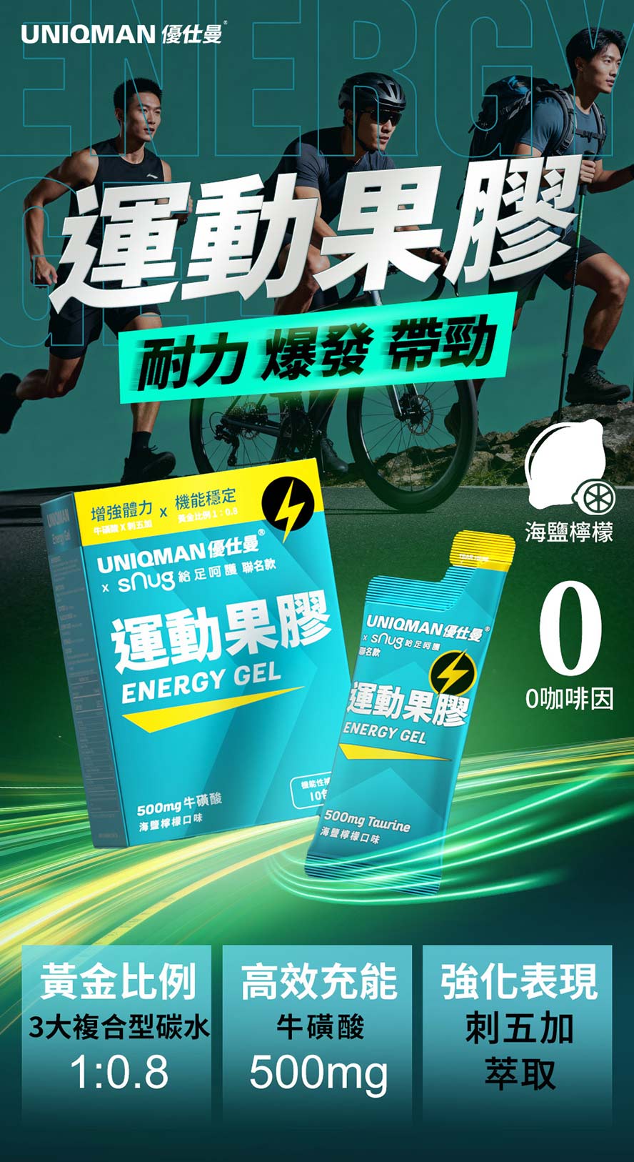 UNIQMAN運動果膠專為馬拉松、鐵人三項、自行車等長距運動設計,三大碳水+牛磺酸+刺五加,爆發力與續航力一次補滿
