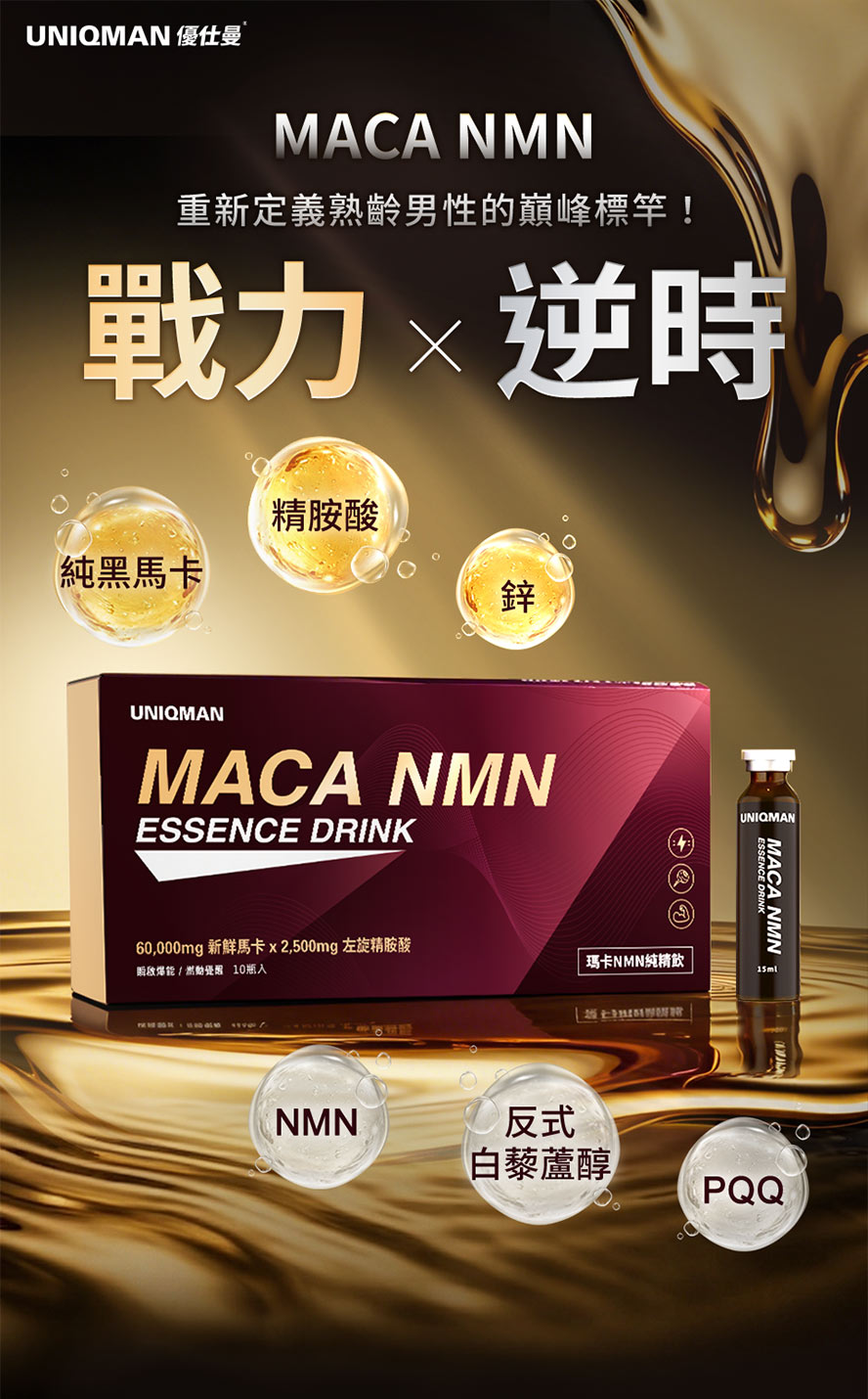 UNIQMAN瑪卡NMN純精飲,戰力與逆時雙效結合,重新定義熟齡男性的巔峰標竿