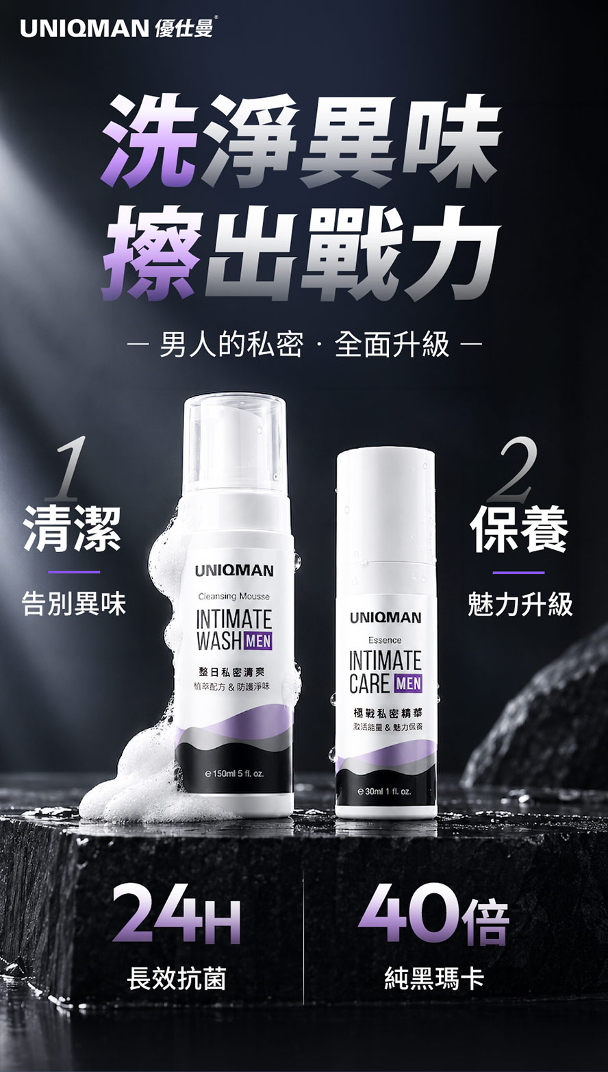UNIQMAN制霸洗護組,私密慕斯洗淨異味、私密精華擦出戰力,24H長效抗菌搭配40倍純黑瑪卡,男人私密全面升級