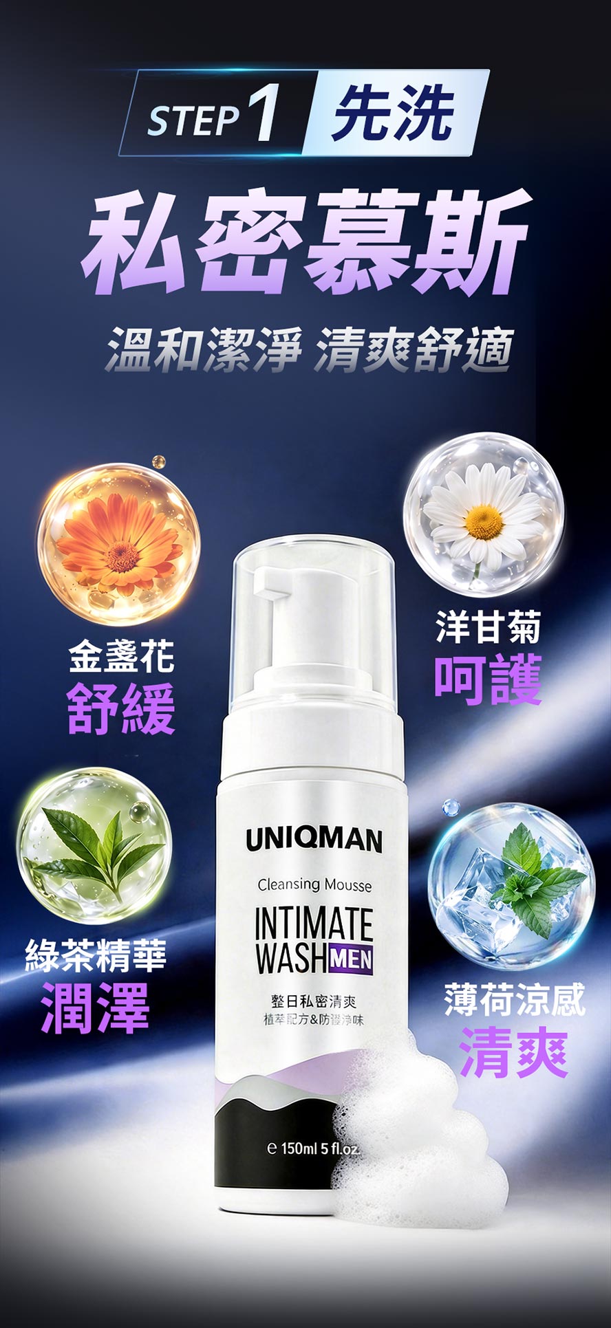 UNIQMAN男性私密慕斯先洗清潔,添加金盞花、洋甘菊、綠茶精華與薄荷,溫和潔淨男性私密部位,維持清爽舒適