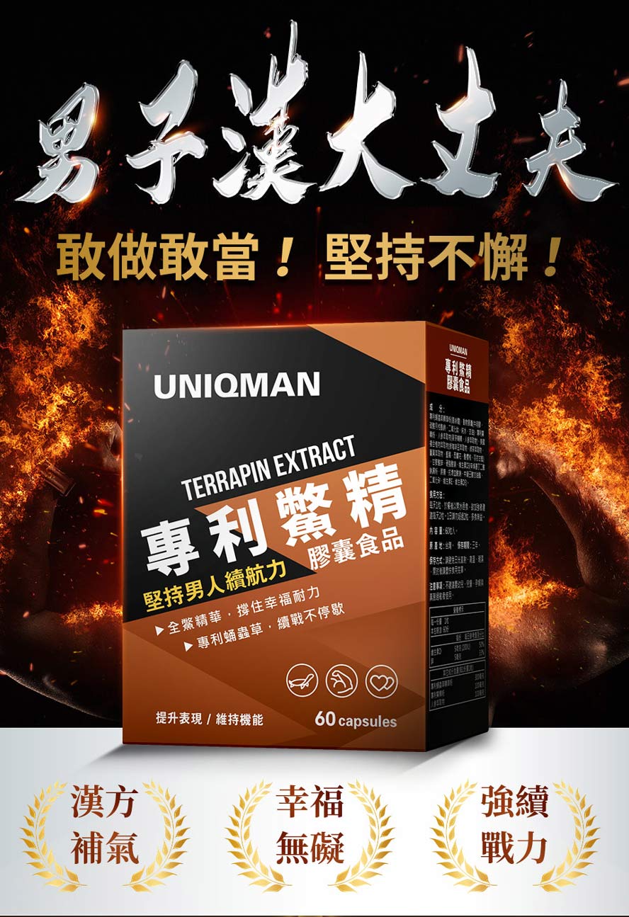 UNIQMAN專利鱉精，有助於收放自如，維持幸福耐力，讓男人敢做敢當