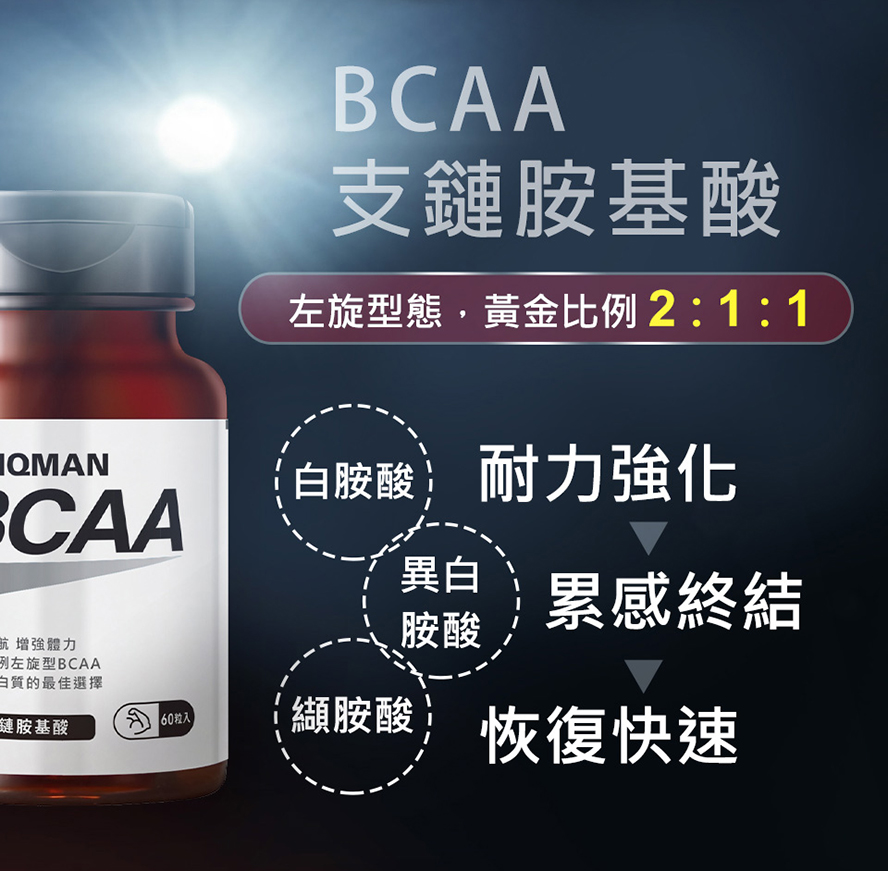 黃金比例2:1:1的左旋BCAA，由白胺酸、異白胺酸、纈胺酸，三種胺基酸所組成