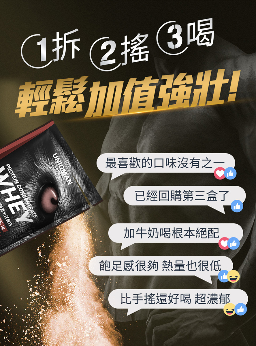 UNIQMAN乳清蛋白粉,小包裝好攜帶,隨時都可以來一杯