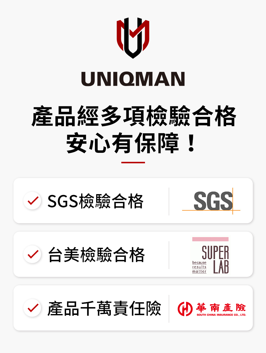 UNIQMAN產品經SGS檢驗合、台美檢驗合格,安心有保障